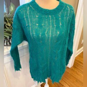 Anthropologie Women’s Sweater Sheer Teal Cable Knit Open Weave Size Small Cozy